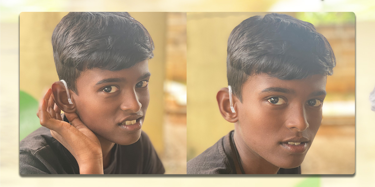 A 13-year-old-boy, Harsha, smiles as he holds his right hand up to his right ear, showing his new BTE hearing aid