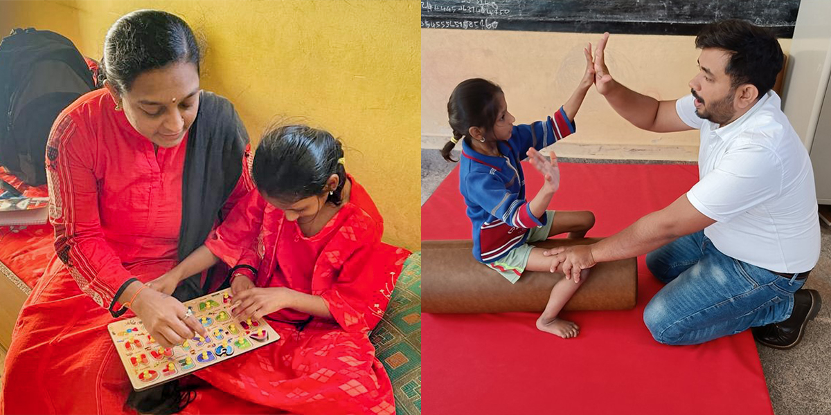 Tanvi received one-on-one therapy twice a week at home, In this picture, Tanvi is playing and learning with the trainer.