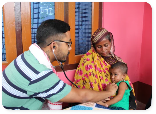 Doctor using a stethoscope on a child while a woman holds the child.