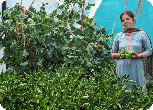 Person standing in a garden holding green vegetables with lush plants around.